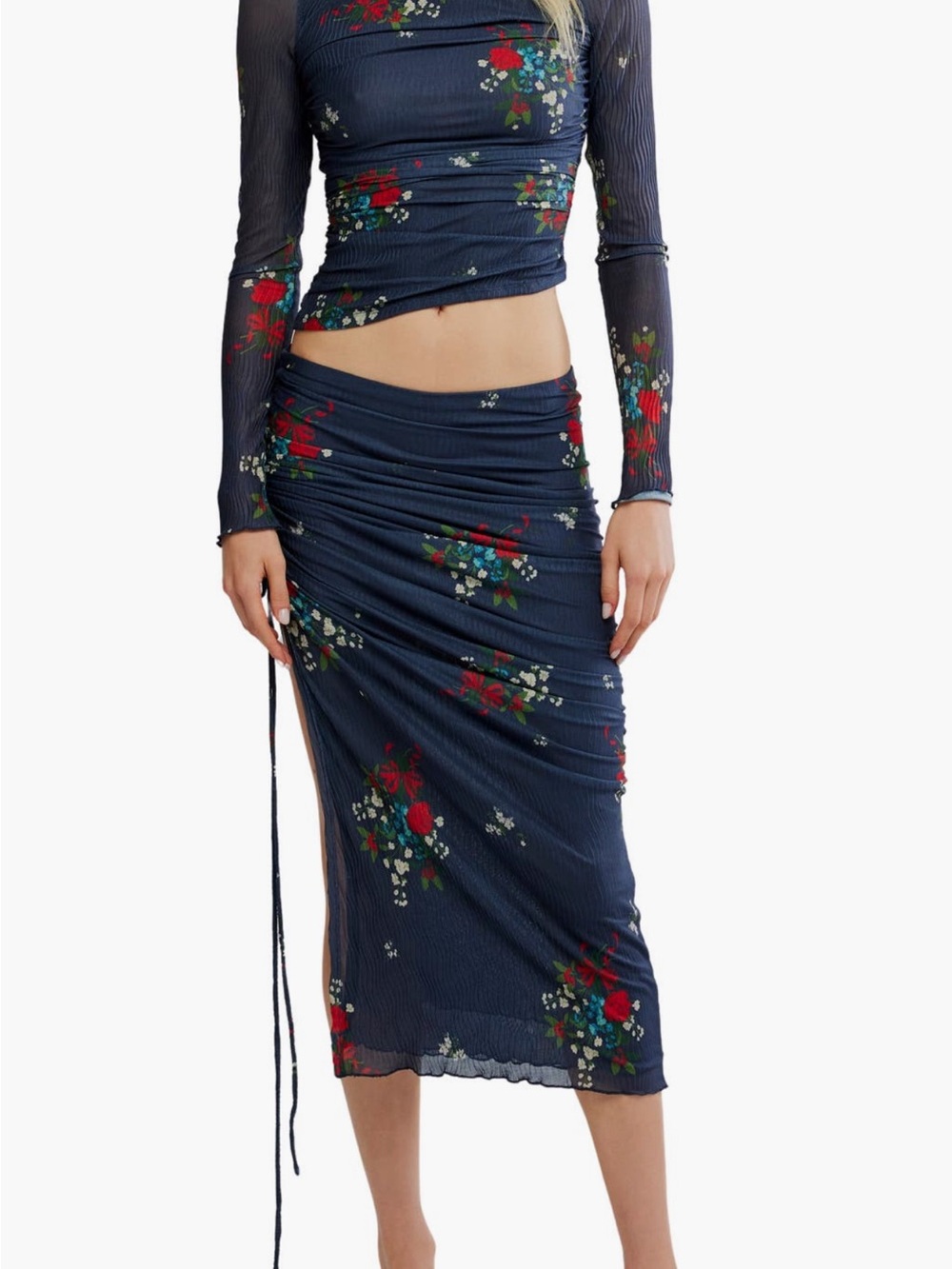 Free People Crimson Lights Floral Mesh Crop Top & Skirt Set